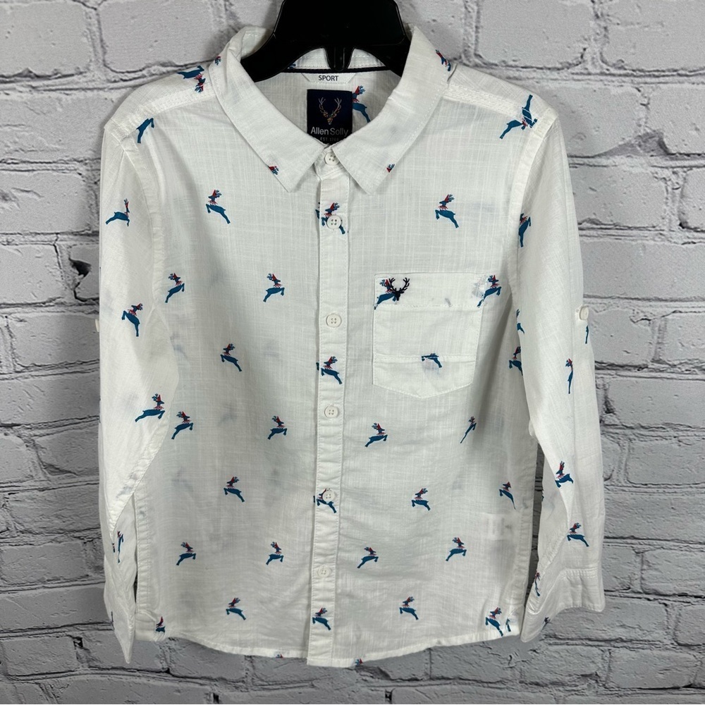 Allen Solly Sport Button Down Reindeer Shirt Holiday Christmas White Red 5-6 Yr.